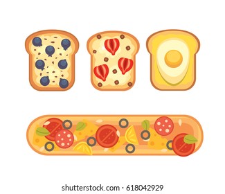 Set toasts and sandwich breakfast. Bread toast with jam, egg, cheese, blueberry, peanut butter, salami, fish. Flat vector illustration.