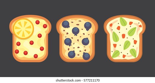 Set toasts and sandwich breakfast. Flat vector illustration.