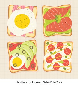 Set of toasts and sandwiches with different delicious ingredients. Slices of bread with eggs, avocado, vegetables, salmon, peperoni, bolognese, smokebeef, Flat vector illustration cute simple 