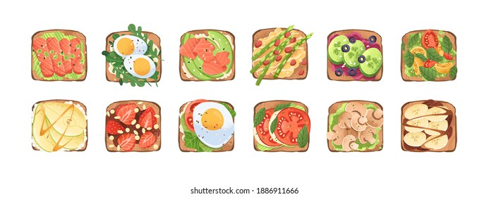 Set of toasts and sandwiches with different healthy ingredients. Slices of bread with eggs, avocado, champignons, vegetables, chocolate pasta and bananas. Flat vector illustration isolated on white svg