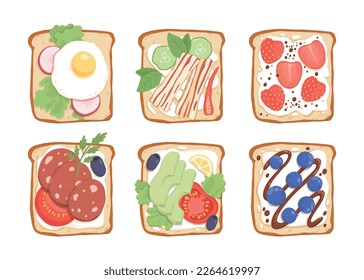 Conjunto de tostadas y sándwiches con diferentes ingredientes saludables. Trozos de pan con huevos, aguacate, paladines, verduras, pasta de chocolate y plátanos. Ilustración vectorial plana aislada en blanco