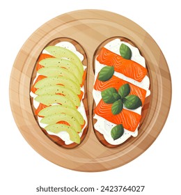 Set of toasts and sandwiches with different healthy ingredients. Slices of bread with fish, avocado, basil, vegetables. Vector flat illustration isolated on white