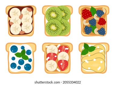 Set of toasts and sandwiches with different sweet ingredients
