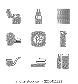 Set Tobacco leaf, Cigarette, Electronic cigarette, Lighter, No pipe smoking, Man,  and  icon. Vector