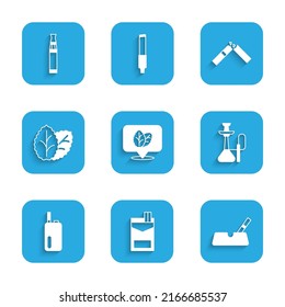 Set Tobacco leaf, Cigarettes pack box, Ashtray with cigarette, Hookah, Electronic, Broken and  icon. Vector