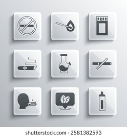 Set Tobacco leaf, Electronic cigarette, No smoking, Bong, Man, Cigar,  and Matchbox and matches icon. Vector