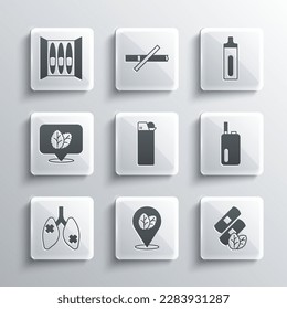 Set Tobacco leaf, Medical nicotine patches, Electronic cigarette, Lighter, Disease lungs, Cigar and  icon. Vector