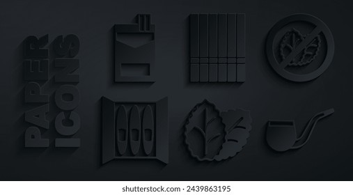 Set Tobacco leaf, No tobacco, Cigar, pipe smoking, Cigarette and Cigarettes pack box icon. Vector