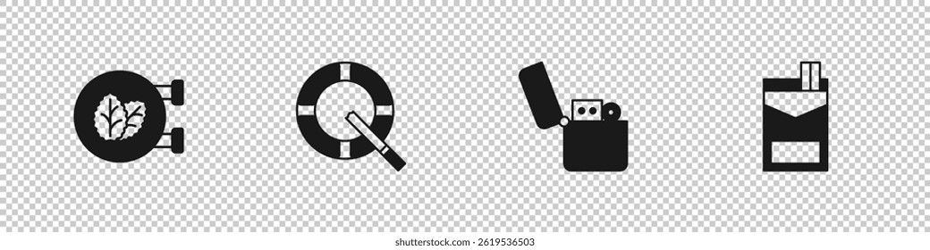 Set Tobacco leaf shop, Ashtray with cigarette, Lighter and Cigarettes pack box icon. Vector