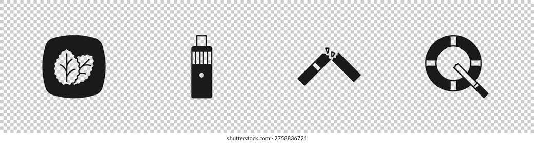 Set Tobacco leaf, Vape mod device, Broken cigarette and Ashtray with icon. Vector