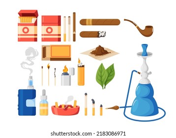 Set of Tobacco or Nicotine Products and Smoking Items. Cigarette Package, Ashtray, Cigar, Hookah And Tobacco Leaves. Vape, Matches, Lighter and Pipe Isolated On White Background Cartoon Vector Icons