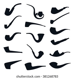 Set of tobacco pipes collection silhouette icons isolated on white background. Vector illustration eps 10