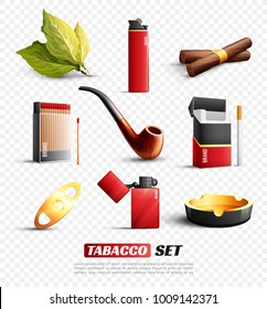 Set of tobacco products and accessories including cigars, cigarettes, lighter, ashtray isolated on transparent background vector illustration