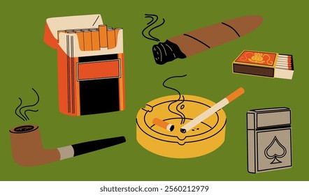 A set of tobacco smoking. Cigarettes, smoking pipe, ashtray, lighter.