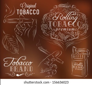 Set of tobacco and smoking elements collection, cigarettes, cigar, drawing in retro style brown background.