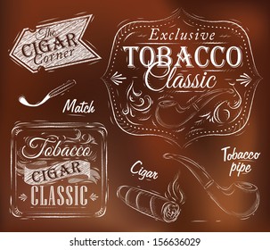 Set of tobacco and smoking symbols collection, cigarettes, cigar, pipe, drawing in retro style on brown background.