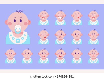 Set of toddler, child emotions in flat cartoon character design