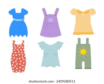 Set of toddler clothes. Girl dress, jumpsuit, baby bodysuit. Textile for kids, vector flat design.