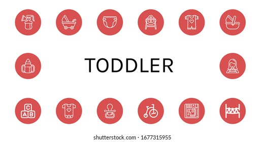 Set of toddler icons. Such as Breast pump, Stroller, Diaper, Feeding chair, Baby clothes, Moses basket, Abc block, Pacifier, Tricycle, Children, Rope park, Sippy cup , toddler icons