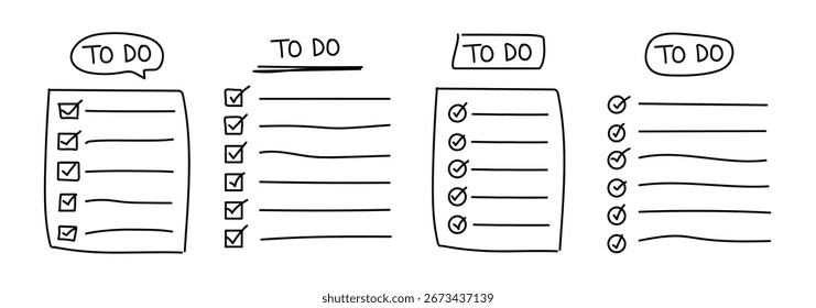 Conjunto de icono de lista de tareas pendientes. Dibujado a mano con delgada línea negra. Ilustración vectorial de lista de tareas en estilo plano sobre fondo blanco.