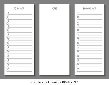 A set of to-do list, notes and shopping list. Sheet of paper