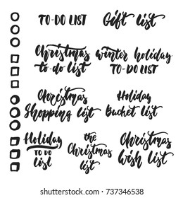 Set of To-Do lists - hand drawn lettering inscription for Christmas and New Year checklist isolated on the white background. Fun brush ink template for preparation for winter holidays