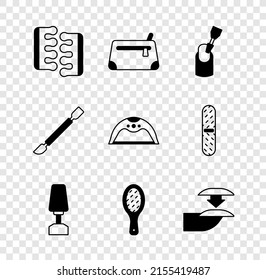Set Toe separator for pedicure, Cosmetic bag, Milling cutter manicure, Nail file, False nails, Cuticle pusher and Manicure lamp icon. Vector
