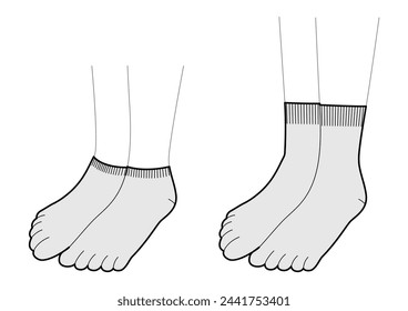 Set of Toe Socks hosiery Invisible, low cut length. Fashion accessory clothing technical illustration stocking. Vector 3-4 view for Men, women, unisex style, flat template CAD mockup outline isolated