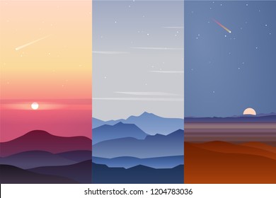 Set tof three vector background of beautiful landscape with hills, bright color sky - evening and morning, background in flat cartoon style - polygonal landscape illustration.