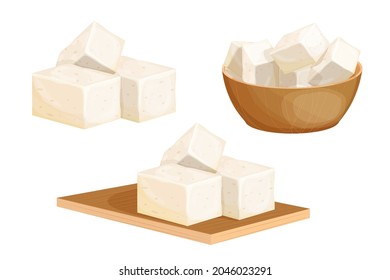Set tofu pieces in wooden bowl, on cutting desk in cartoon style isolated on white background. Vegetarian nutrition ingredient, healthy food. Cold tofu in cup. Traditional cuisine.