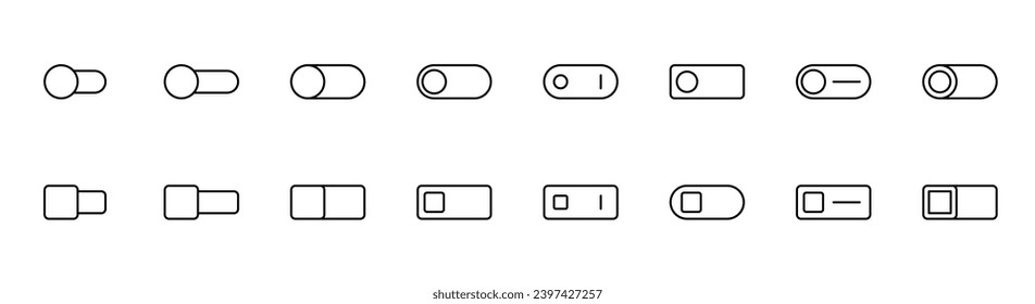 Set of toggle icons. Toggle switch line icon. Switch on and off slider. Power slider collection. Turn off switcher. Line toggle icon set. Editable stroke. Vector illustration.