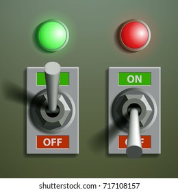 Set of toggle switches with signal lamps, on a metal background. Stock vector illustration.