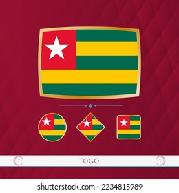 Juego de banderas de Togo con marco dorado para uso en eventos deportivos con fondo burdeos y abstracto. Colección vectorial de banderas.