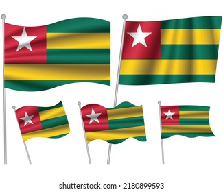 Set of Togo waving flag on isolated background vector illustration. 5 Togolese wavy realistic flag as a symbol of patriotism
