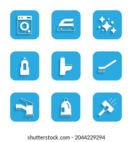 Set Toilet bowl, Bottle for cleaning agent, Vacuum cleaner, Brush, Water tap, Dishwashing liquid bottle, Home service and Washer icon. Vector