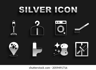 Set Toilet bowl, Brush for cleaning, Rubber cleaner windows, Sponge, Home service, Washer, Vacuum and Hanger wardrobe icon. Vector