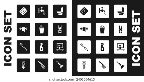 Set Toilet bowl, Bucket with soap suds, paper roll, Sponge, Clothes pin, Water tap, Washbasin mirror and Toothbrush icon. Vector