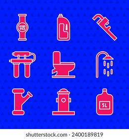 Set Toilet bowl, Fire hydrant, Big bottle with clean water, Shower, Industry metallic pipe, Water filter, Pipe adjustable wrench and meter icon. Vector