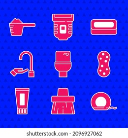 Set Toilet Bowl, Handle Broom, Dental Floss, Sponge, Tube Of Toothpaste, Washing Hands With Soap, Bar And Powder Icon. Vector