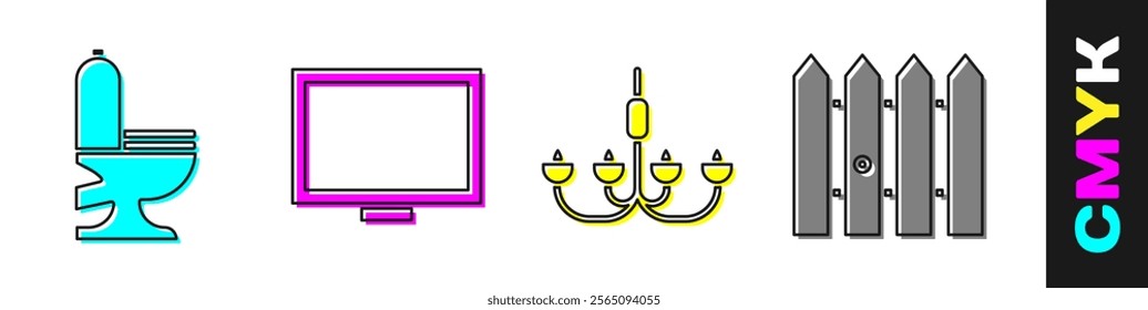 Set Toilet bowl, Picture frame on table, Chandelier and Garden fence wooden icon. Vector