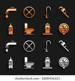 Set Toilet bowl, Pipe adjustable wrench, Water meter, Fire hydrant, Bottle of water, tap,  and Industry valve icon. Vector