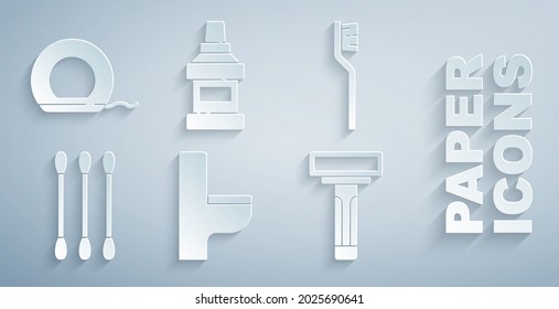 Set Toilet bowl, Toothbrush, Cotton swab for ears, Shaving razor, Mouthwash bottle and Dental floss icon. Vector