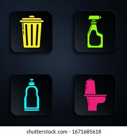 Set Toilet bowl , Trash can , Plastic bottles for liquid dishwashing liquid and Cleaning spray bottle with detergent liquid . Black square button. Vector