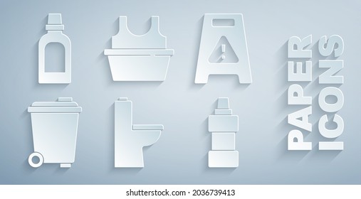 Set Toilet bowl, Wet floor, Trash can, Bottle for cleaning agent, Basin with shirt and  icon. Vector