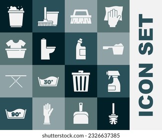 Set Toilet brush, Cleaning spray bottle, Washing powder, Brush for cleaning, bowl, Basin with shirt, Bucket foam and Bottle agent icon. Vector