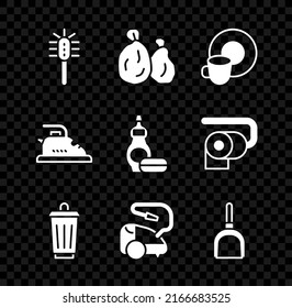 Set Toilet brush, Garbage bag, Washing dishes, Trash can, Vacuum cleaner, Dustpan, Electric iron and Dishwashing liquid bottle icon. Vector