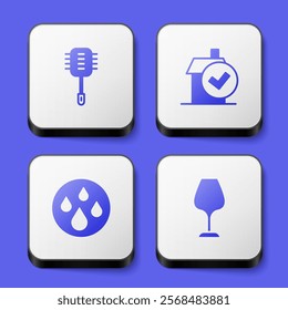 Set Toilet brush, Home cleaning service, Water drop and Wine glass icon. White square button. Vector