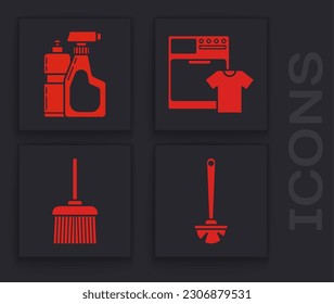 Set Toilet brush , Plastic bottles for liquid dishwashing liquid, Washer and t-shirt  and Handle broom  icon. Vector