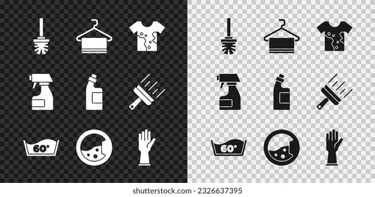 Set Toilet brush, Towel on hanger, Dirty t-shirt, Temperature wash, Washer, Rubber gloves, Cleaning spray bottle and Bottle for cleaning agent icon. Vector