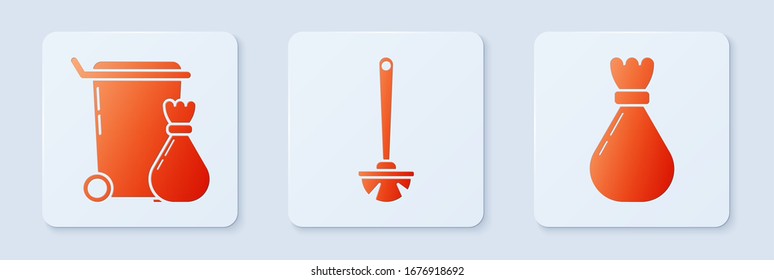 Set Toilet brush , Trash can  and Garbage bag . White square button. Vector